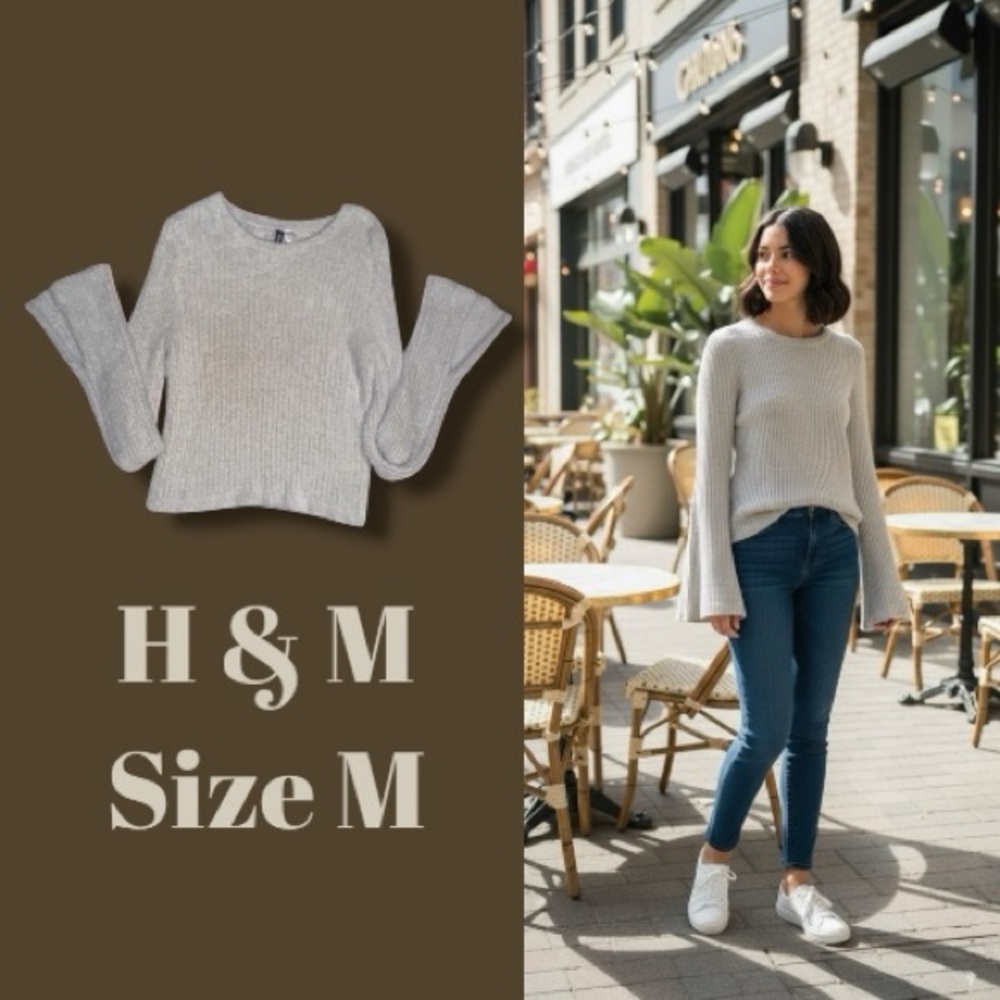 H&M Divided Sweater Silvery Gray Fuzzy Ribbed Split Bell Sleeves Size M NWOT